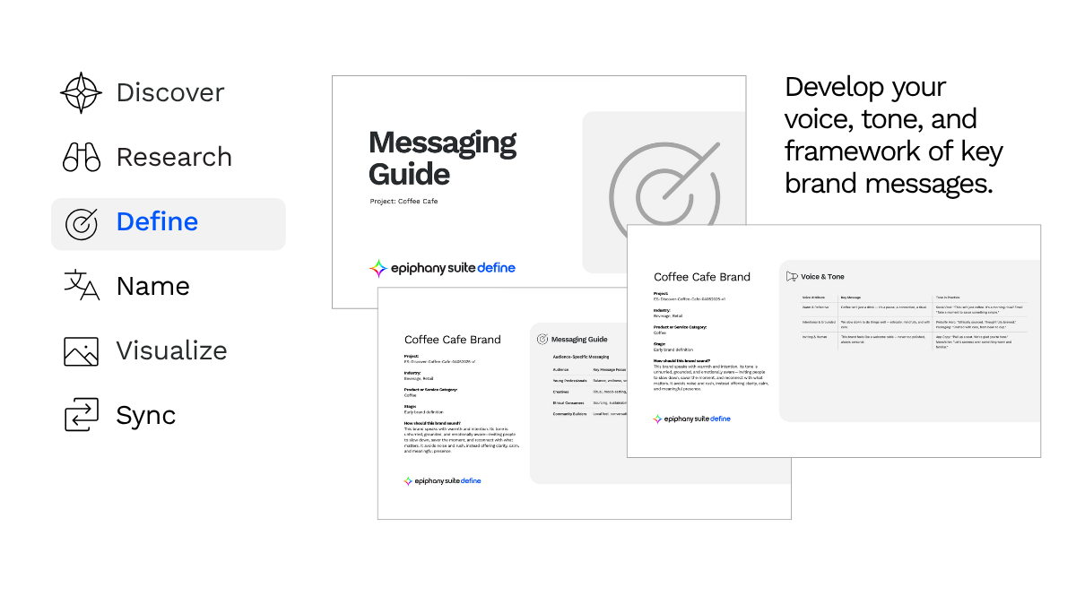 EpiphanySuite™ Define EpiphanySuite Define tool – Messaging Guide and Voice & Tone summary sample.